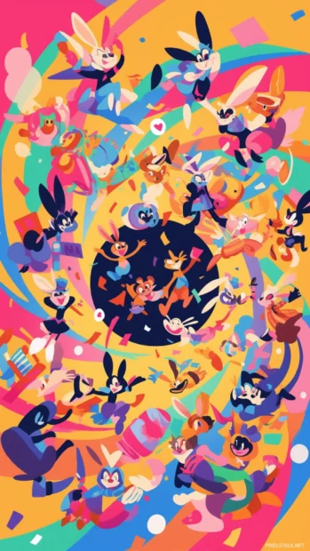 Looney Tunes crew jumping through a colorful spinning circle.