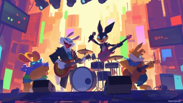 Looney Tunes forming a band under pixelated spotlights.