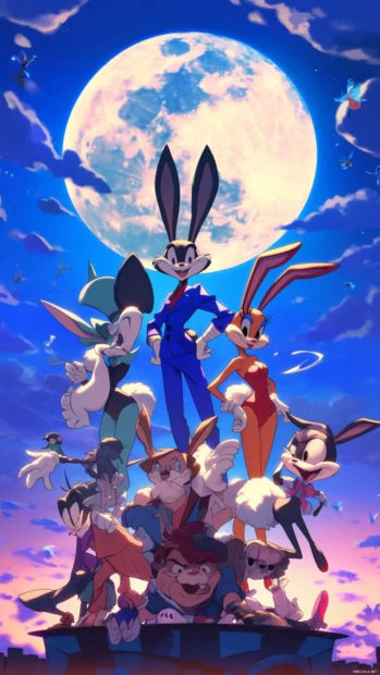 Looney Tunes squad posing for a group shot under a full moon.