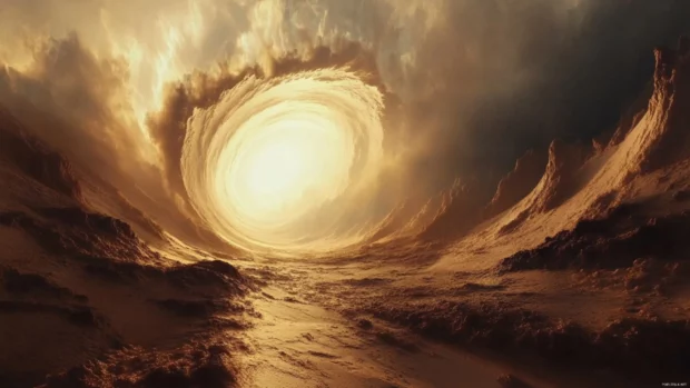 Looped horizon bending and folding with light shifts and shadow slides in a trippy world.