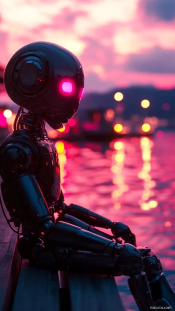 Lost AI robot wandering the edge of a neon lit dock.