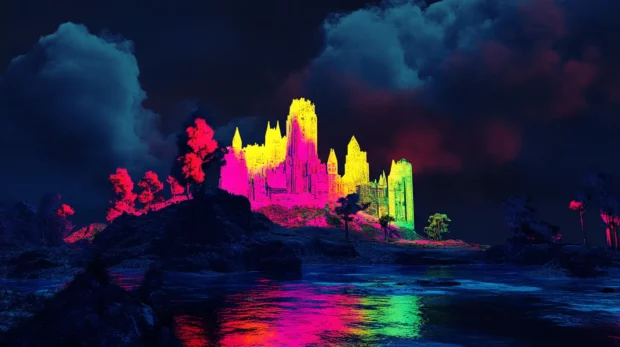 Lost city glowing with neon under black clouds.