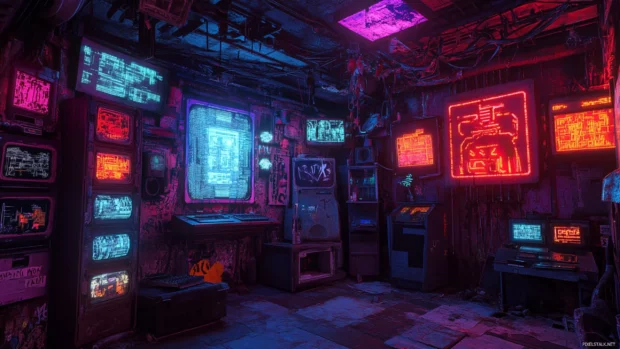 Lost cyberpunk shrine covered in faded neon graffiti.