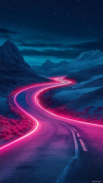 Lost neon highway winding through desert.