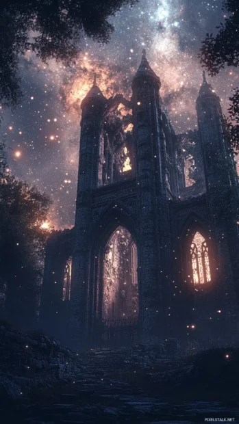 Lost ruins crowned by flickering starry realms.