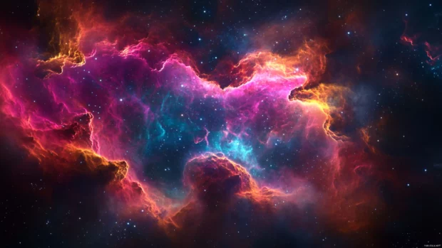 Lost spaceship drifting through dark neon nebula illuminated by Dark neon space wallpaper.