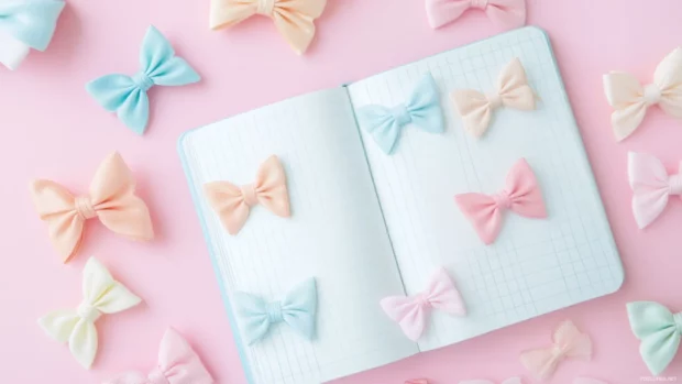 Lovely bow hair clips scattered across a pastel notebook.