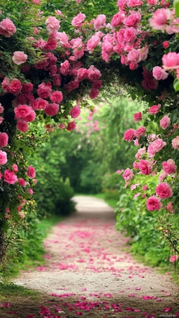 Lovely rose field wallpaper, Lovely countryside path lined with Pretty Roses.