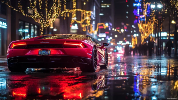 Low angle of a Lamborghini revving up on a wet street surrounded by glowing reflections.