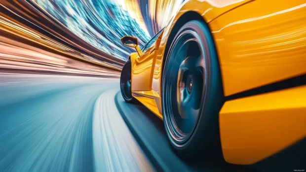 Low angle shot of a yellow Lamborghini as it races past camera with road motion blur.