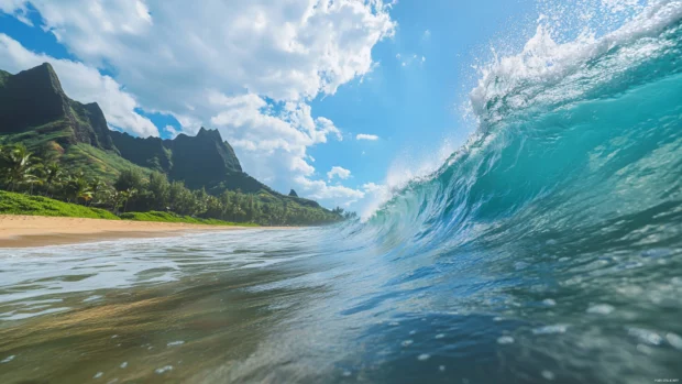 Low angle view of waves curling gracefully toward the beach.
