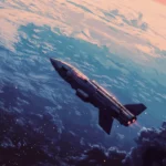 Low orbit spaceship above pixelated 80s inspired Earth.