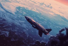 Low orbit spaceship above pixelated 80s inspired Earth.