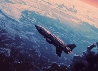 Low orbit spaceship above pixelated 80s inspired Earth.