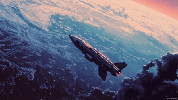 Low orbit spaceship above pixelated 80s inspired Earth.