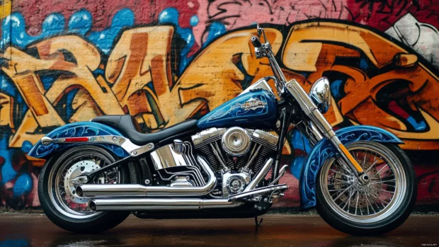 Lowrider Harley Davidson in front of graffiti wall.