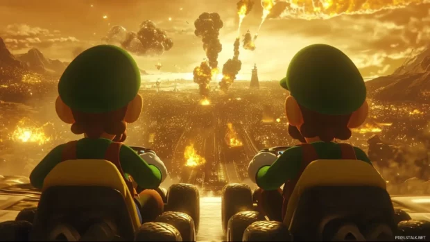 Luigi and Mario pilot their karts through a sky highway filled with boosters.