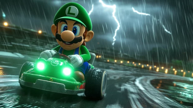 Luigi drifts around a sharp curve with lightning crackling in the background on a stormy track.