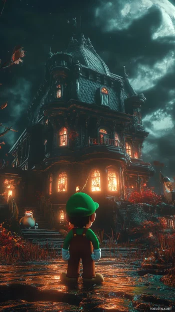 Luigi exploring a spooky ghost house, a charming Super Mario adventure.