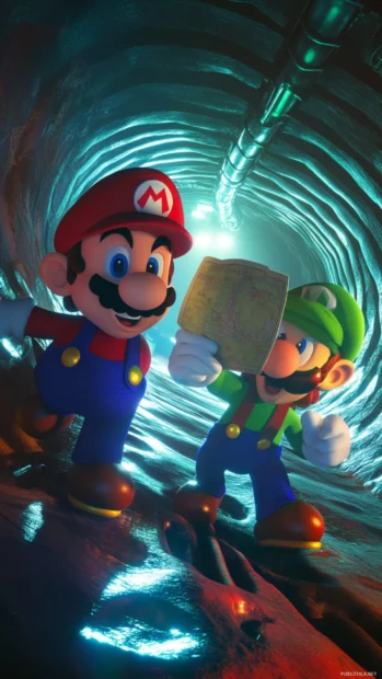 Luigi holds a map upside down while Mario leads the way through a looping tunnel.