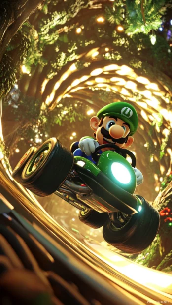 Luigi spins midair as the kart flies through a wind tunnel on a giant tree track.