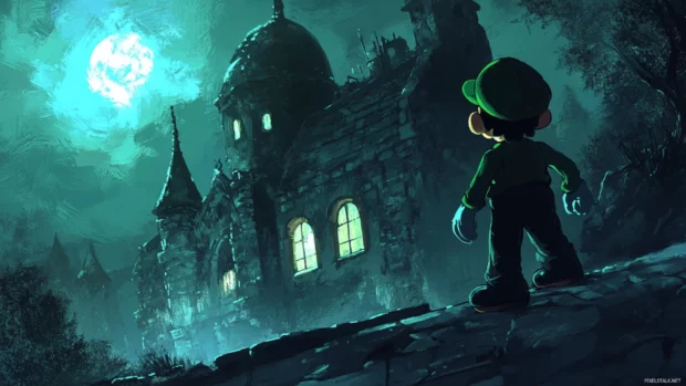 Luigi stands tall as the Mario Bros prepare for a night mission inside a ghost filled castle.