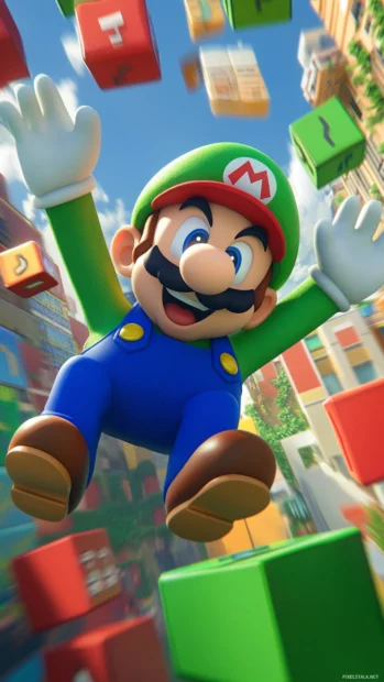 Luigi tumbles as Mario saves him midair on a high speed ride through musical blocks.