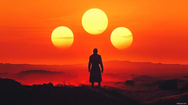 Luke Skywalker under twin suns on Tatooine, stunning Star Wars landscape for PC.