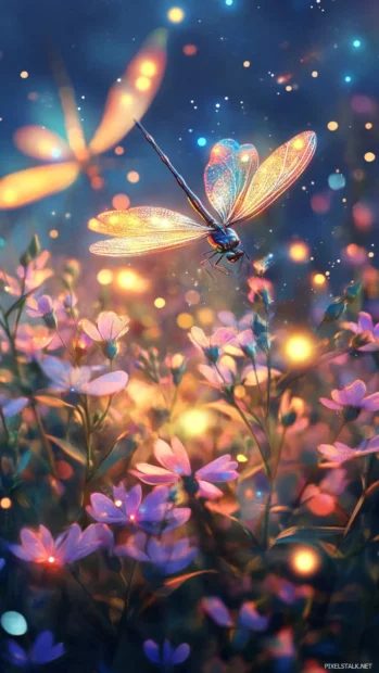Luminous dragonflies flitting among glowing flowers.