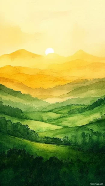 Lush Watercolor Landscape For Android With Rolling Green Hills A.