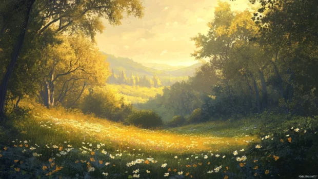 Lush forest valley captured in early morning golden light.