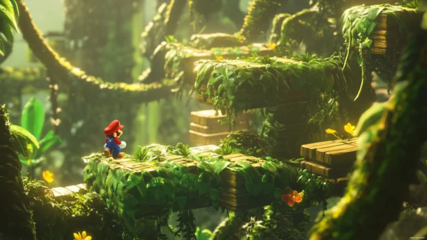 Lush jungle vines and shifting platforms surround Mario as he navigates a tricky level.