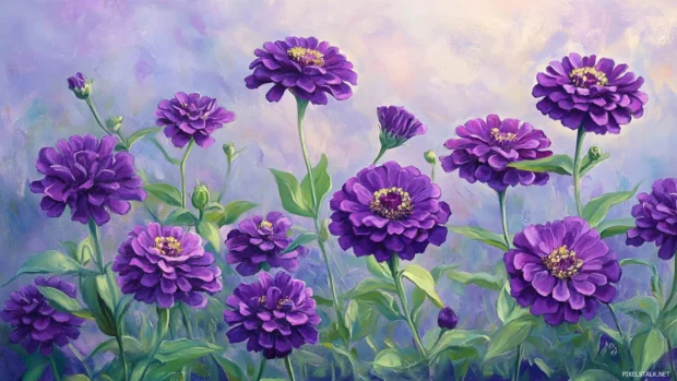 Lush purple zinnias on a morning backdrop.