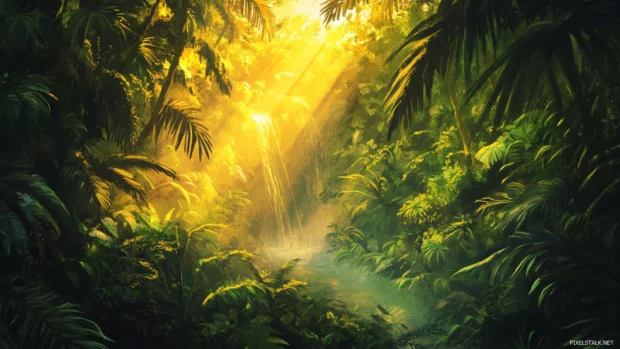 Lush rainforest canopy under golden hour light, ideal for forest wallpaper.