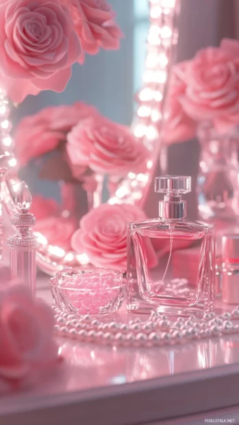 Luxurious vanity setup with designer perfumes, pearl accessories, and pink roses.