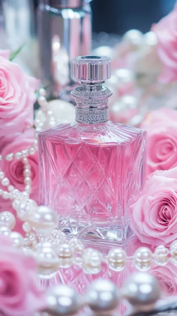 Luxurious vanity setup with designer perfumes, pearl accessories, and pink roses.
