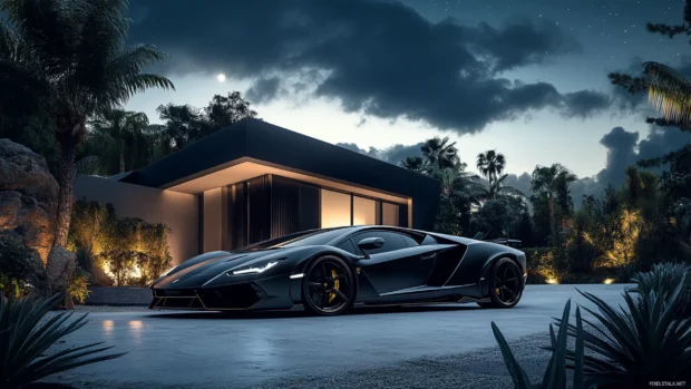 Luxury Black Lamborghini desktop wallpaper showing the car beside a modern villa under moonlight.