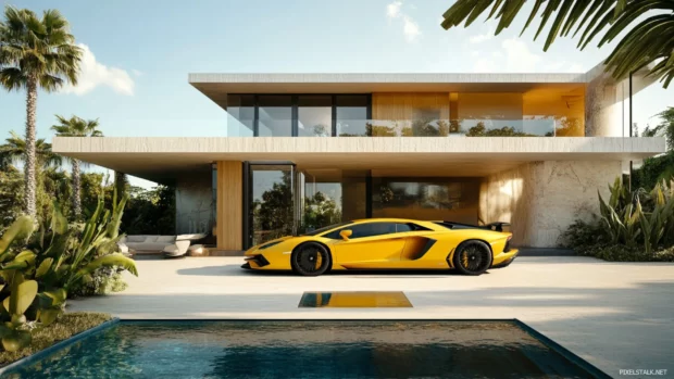 Luxury Lamborghini Aventador wallpaper with a yellow model parked in front of a modern villa.