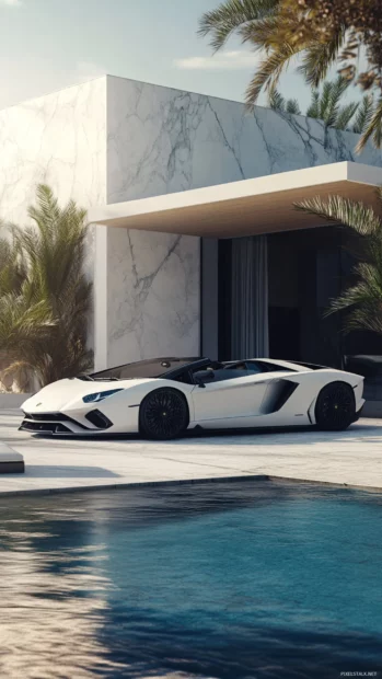 Luxury aesthetic Lamborghini Wallpapers with a white car next to a marble villa pool.