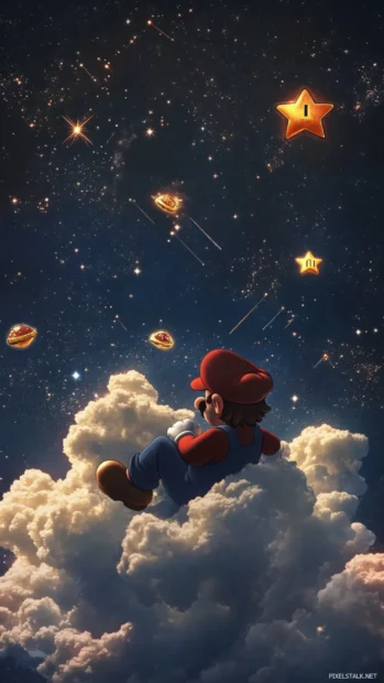 Lying back on a star shaped cloud, Mario watches constellations form shapes of power ups.