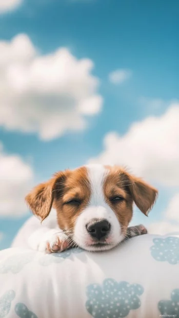 Lying on a cloud patterned cushion, the cute puppy brings cozy dog phone wallpaper vibes.