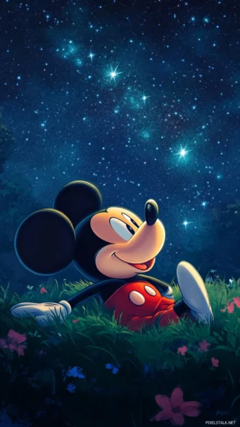 Lying quietly on soft grass, Mickey Mouse gazes dreamily at the star filled night above.