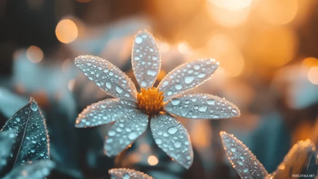 Macro shot of dew on flower petals in morning light, great for HD laptop wallpaper fans.