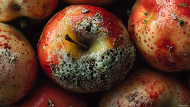 Macro view of apple rot with glistening mold.