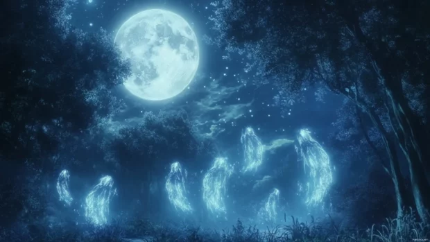 Magical Moving Anime Wallpapers showing glowing spirit creatures in a moonlit forest.