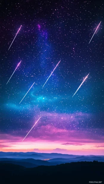 Magical Night Sky With Shooting Stars In Pastel Watercolor Colors.