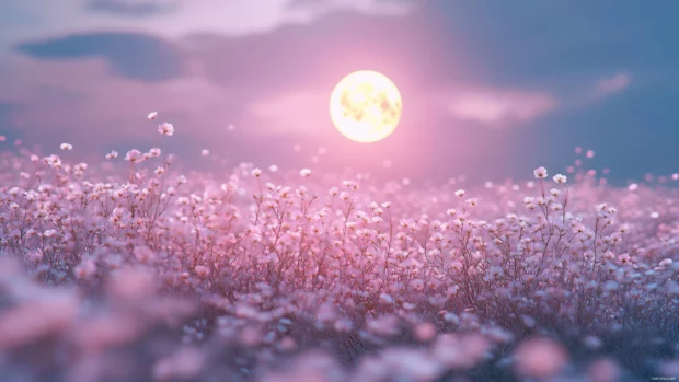 Magical Pink Girly field of blossoms under glowing moonlight.