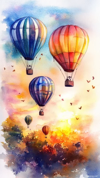 Magical Watercolor Hot Air Balloons Floating Through A Golden Sunrise.