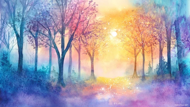 Magical Watercolor Pastel Trees With Sparkling Dew At Sunrise.