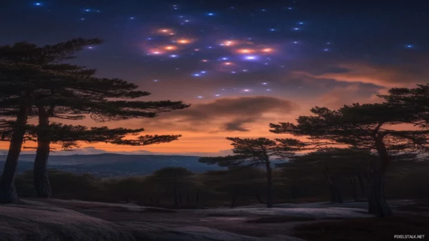 Magical and dreamy quality of the night enhanced by an awe inspiring starry sky with bright constellations over a quiet forest and soft clouds drifting by.